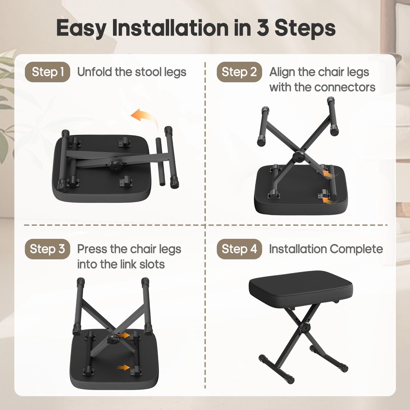 Adjustable Padded Keyboard Bench  X-style Collapsible Piano Guitar Stool With 2.56 Inch Thickness High-density Sponge And 3-position Height Waterproof Non-skid Design Black