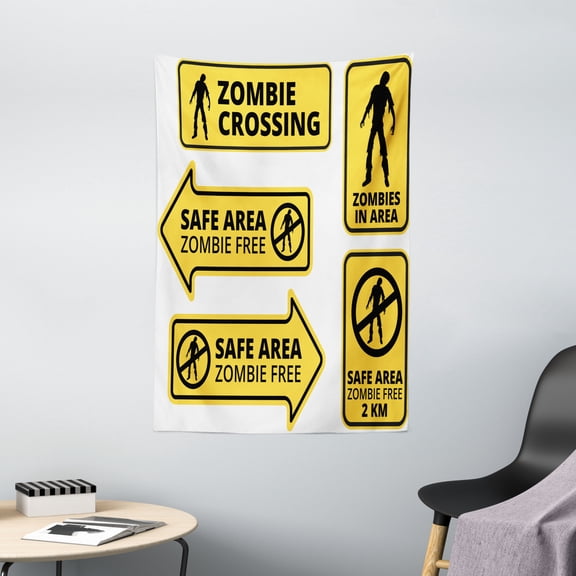 Zombie Decor Tapestry, Safe Area Zombie Free Safe Protection Zone Caution Sign Horror War Design, Wall Hanging for Bedroom Living Room Dorm Decor, 40W X 60L Inches, Yellow Black, by Ambesonne