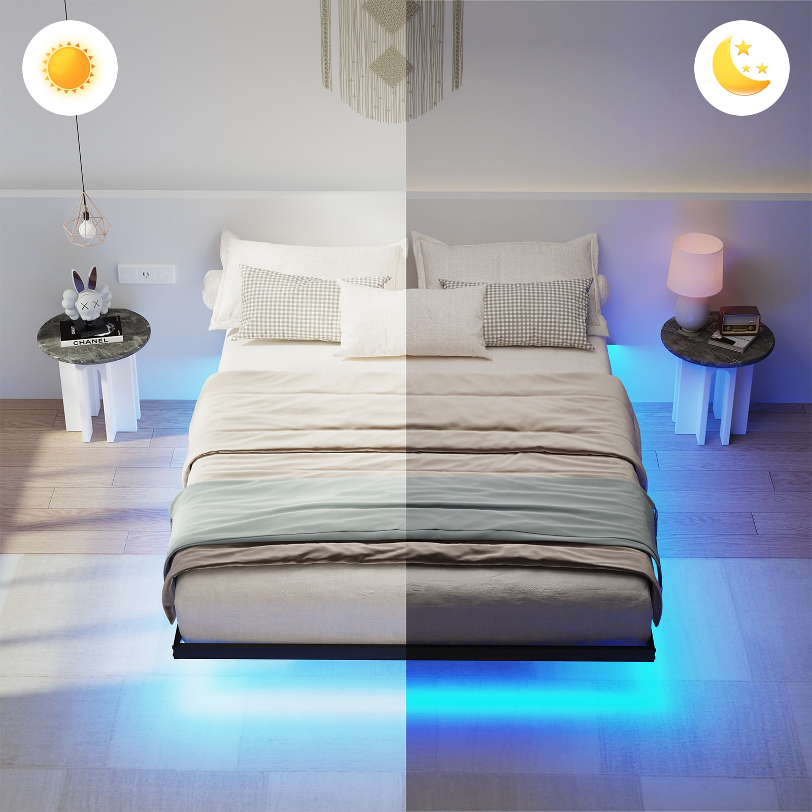 Lusimo Floating Bed Frame with LED Lights Queen Size Metal Platform Bed Frame with 6.1" Under Bed Storage Space No Box Spring Needed, Black