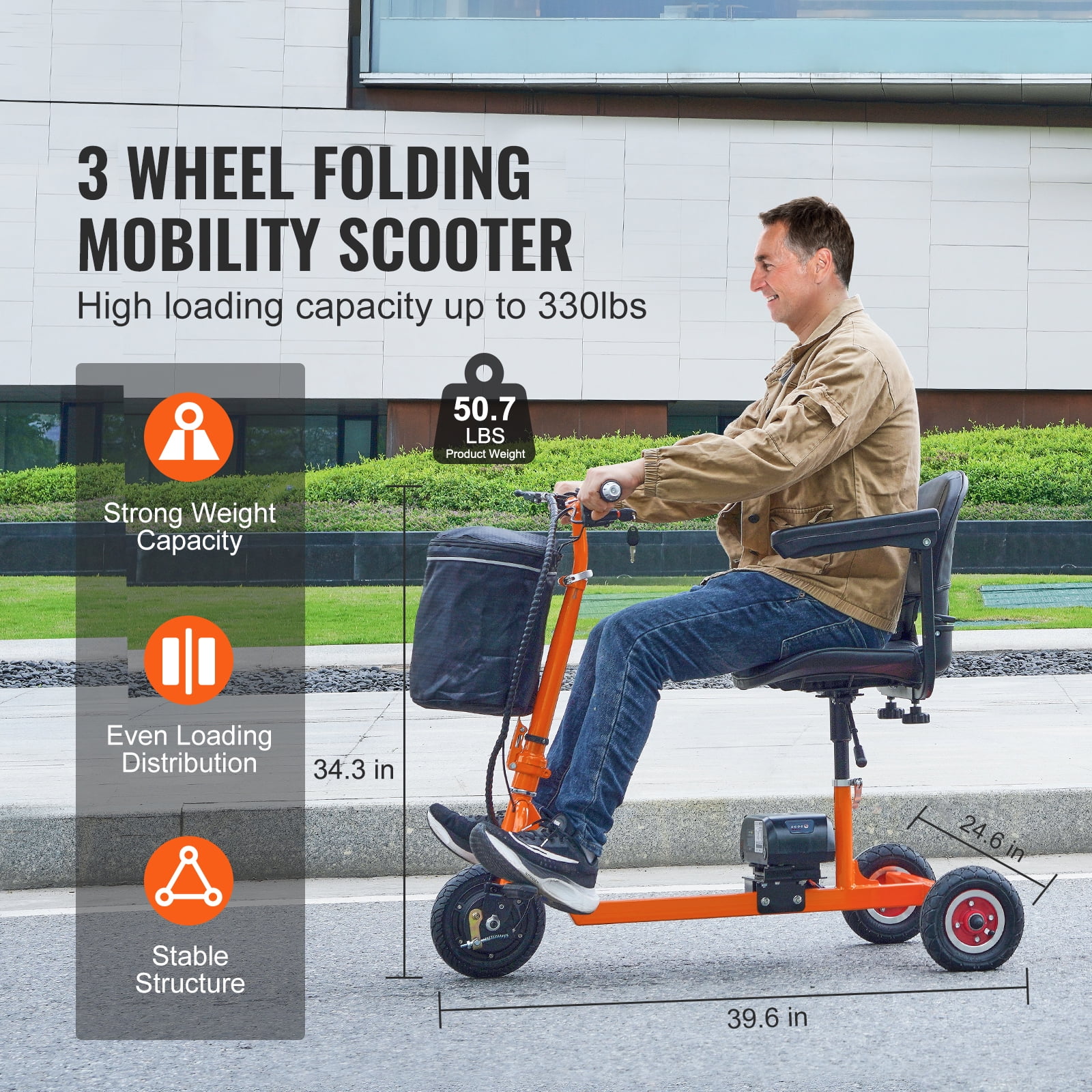 KFFKFF Folding Electric Mobility Scooter for Adults Seniors, 12 Mile Range Portable Electric Scooter, Height-Adjustable Seat and Handlebar, 330lb Weight Capacity