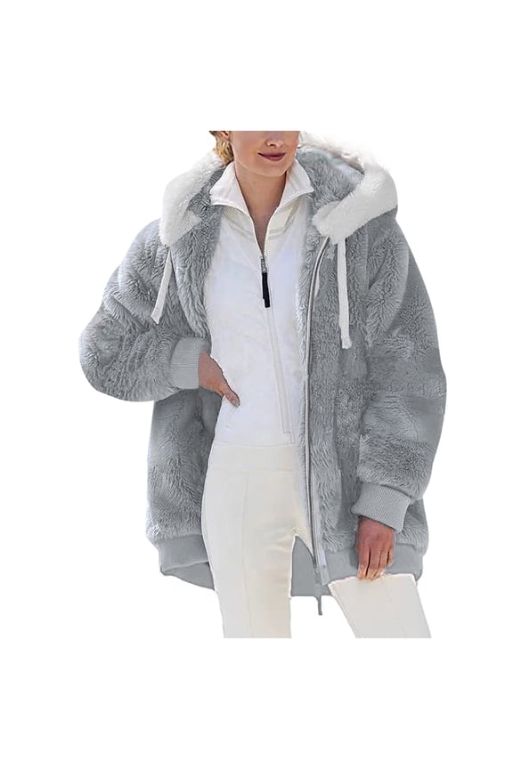 Winter Long Coats for Women Plus Size Winter Warm Loose Plush Zip Hooded Jacket Coat Gifts Christmas Gift
