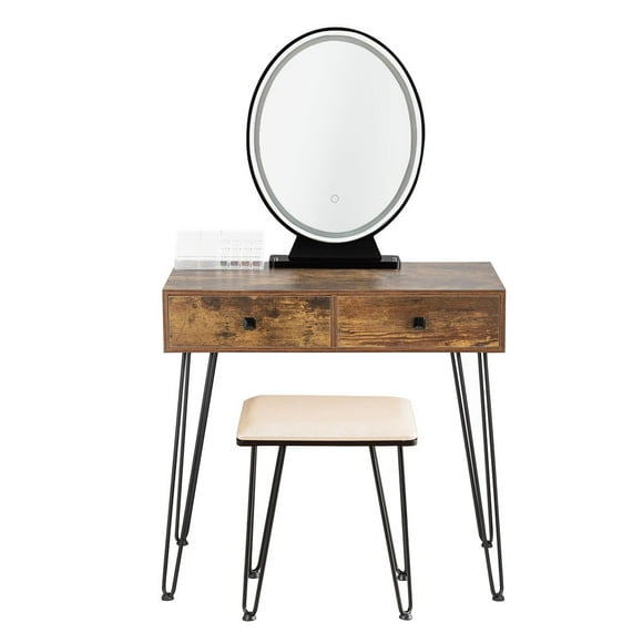 Patiojoy Vanity Table Set Makeup Dressing Desk with Cushioned Stool & Lighted Mirror Rustic