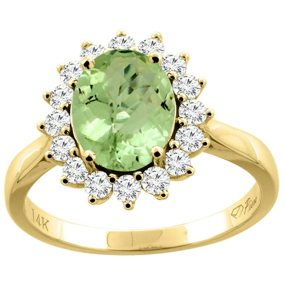14K Yellow Gold Natural Peridot Ring Oval 9x7 mm Diamond Accents, size 9