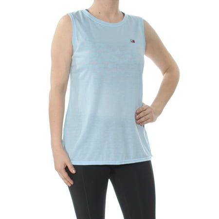 Tommy Hilfiger Stripe Shirt TOMMY HILFIGER Womens Light Blue Sleeveless Jewel Neck T-Shirt Active Wear Top Size: S ()