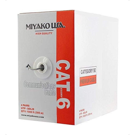 MIYAKO USA Cat6 Riser (CMR), 1000ft, 23AWG 4 Pair Solid CCA, 350MHz, ETL Listed, Unshielded Twisted Pair (UTP), Bulk Ethernet Cable Pull Box Gray (23-CAT6E)