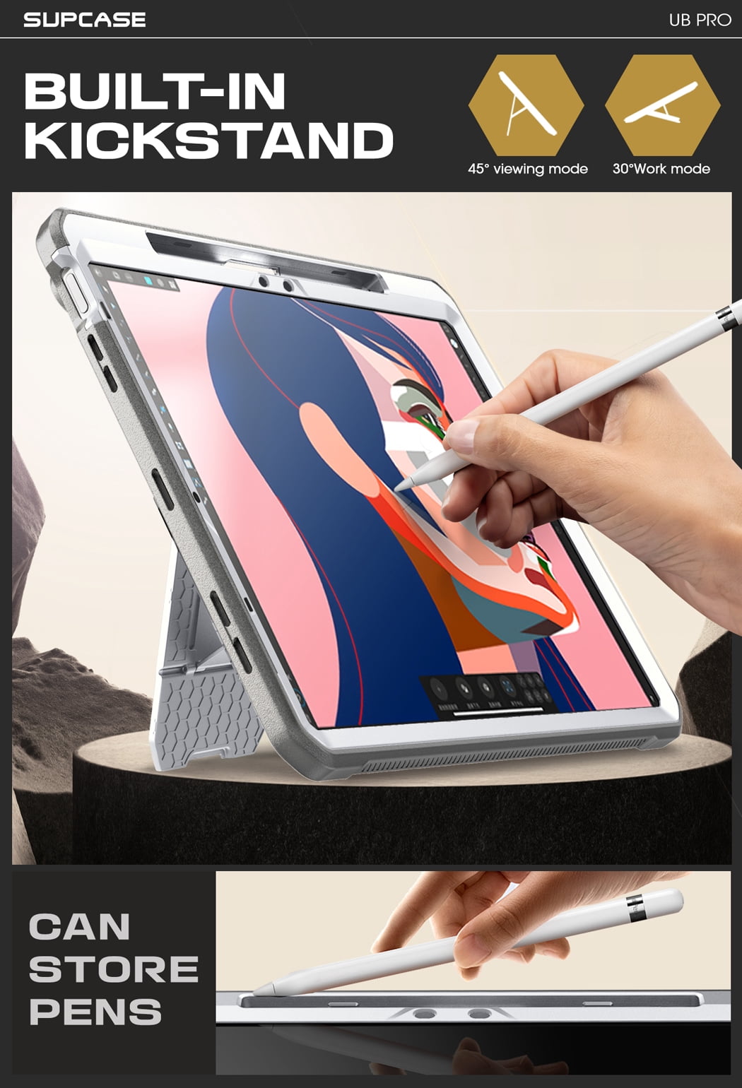 SUPCASE for iPad Air 11 Inch Case 6th Generation M2 2024, [Built-in Screen Protector & Pencil Holder & Stand] Full-Body Rugged Cover for iPad Air 6th/5th/4th Gen (11/10.9 Inch, 2024/2022/2020), White