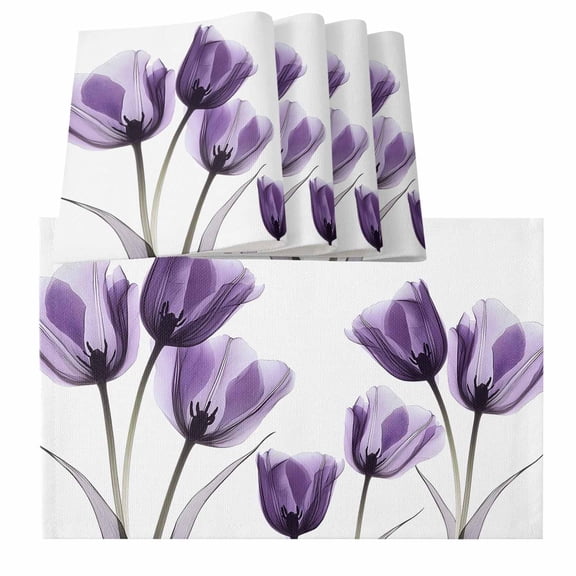 Purple Tulip Floral Placemats for Dinning Table Set of 4, Pastel Country White Wildflower Burlap Kitchen Place Mats Waterproof Cloth Table Mats, Indoor Outdoor Placemats Easy Clean Dinner Decor