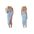 thumbnail image 3 of Women'S Spaghetti Straps Slit Denim Dress Cut Out Zip Back Distressed Backless Calf Length Jean Dress Light Blue M, 3 of 8