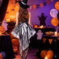 thumbnail image 5 of Witch Roleplay, Witch Cos, Witch Cosplay, Witch Costume, Witch Outfit, Women Halloween Witch Cosplay Costume High-Low Hem Ruffle Dress + Hat + Wristbands Dress Up Outfits, Silver M, 5 of 7
