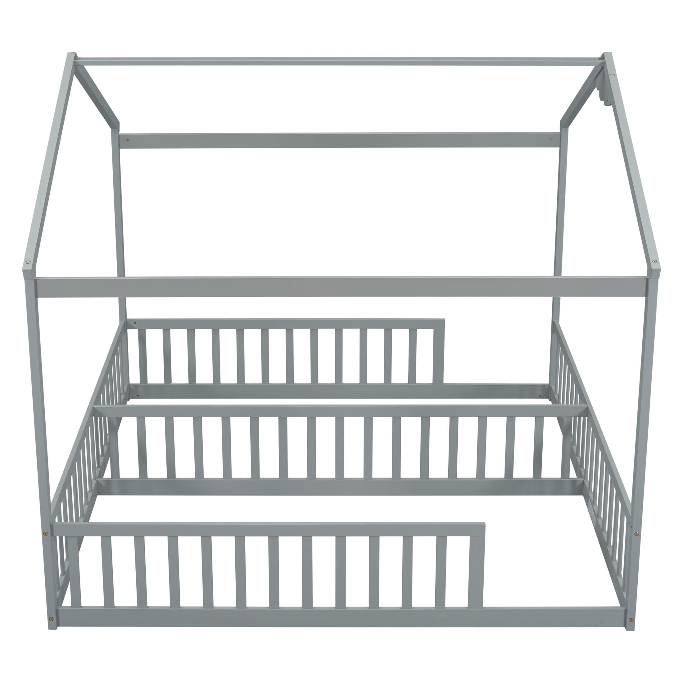 Aukfa Double Twin Bed Frame for 2 Kids Toddlers, Two House Bed with Fence, Two Shared Beds, Gray