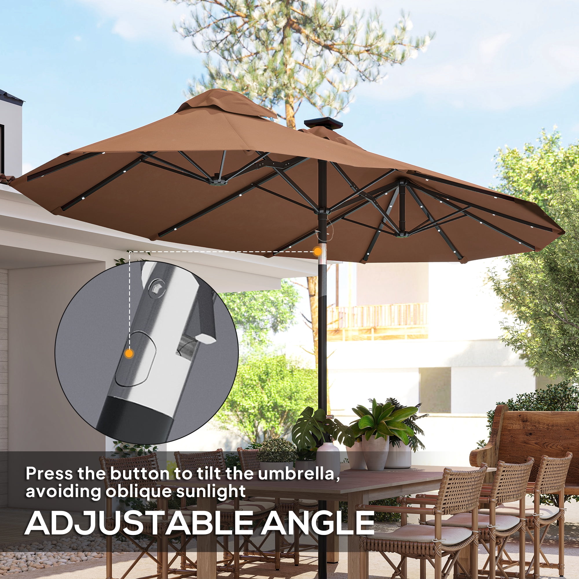 Outsunny 9.7 ft. Double-sided Patio Umbrella with LED Solar Light, 45-Degree Tilt and Crank, Outdoor Umbrella, Coffee