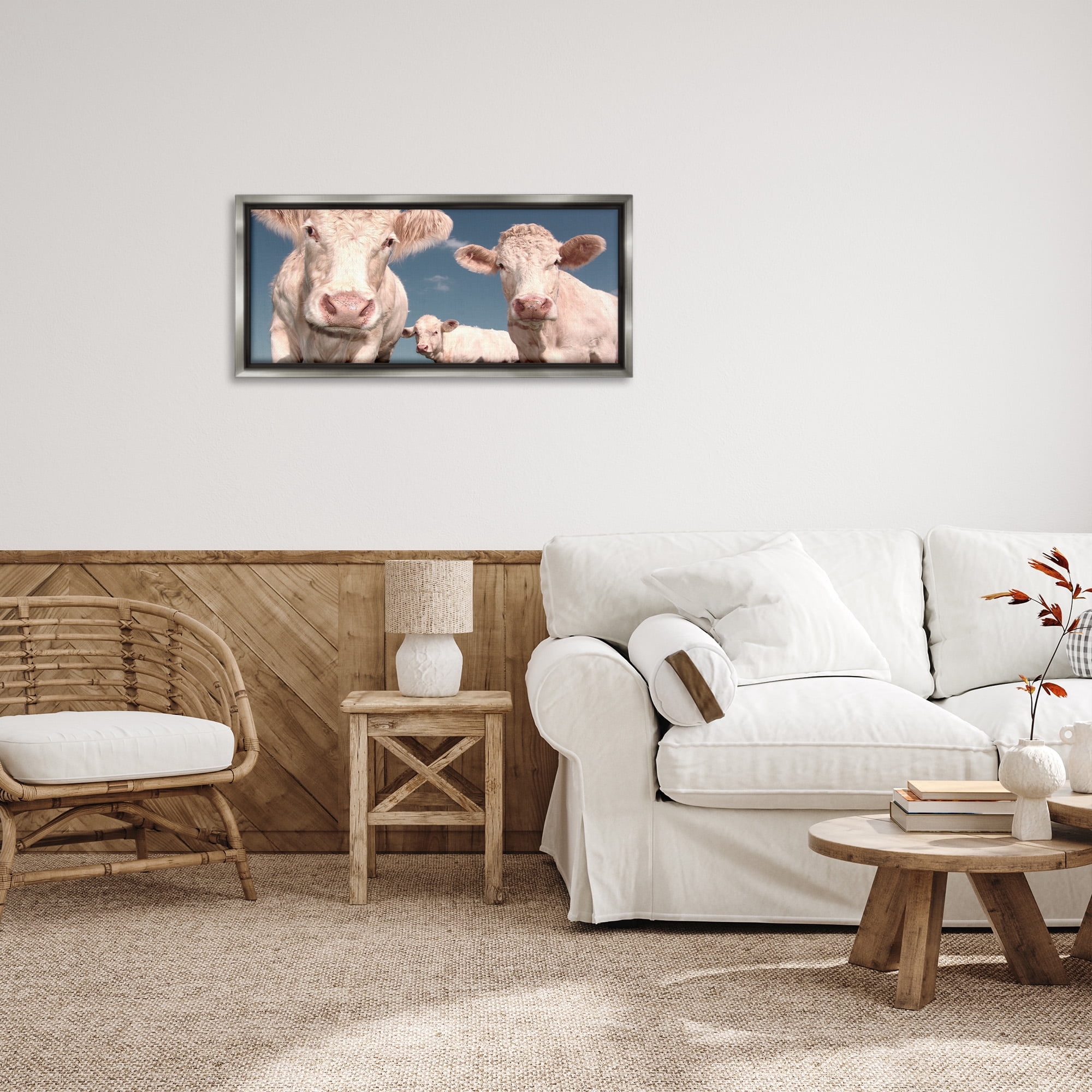 Stupell Industries Three White Cows Animals & Insects Photography Gray Floater Framed Canvas Art Print Wall Art, 31 x 14