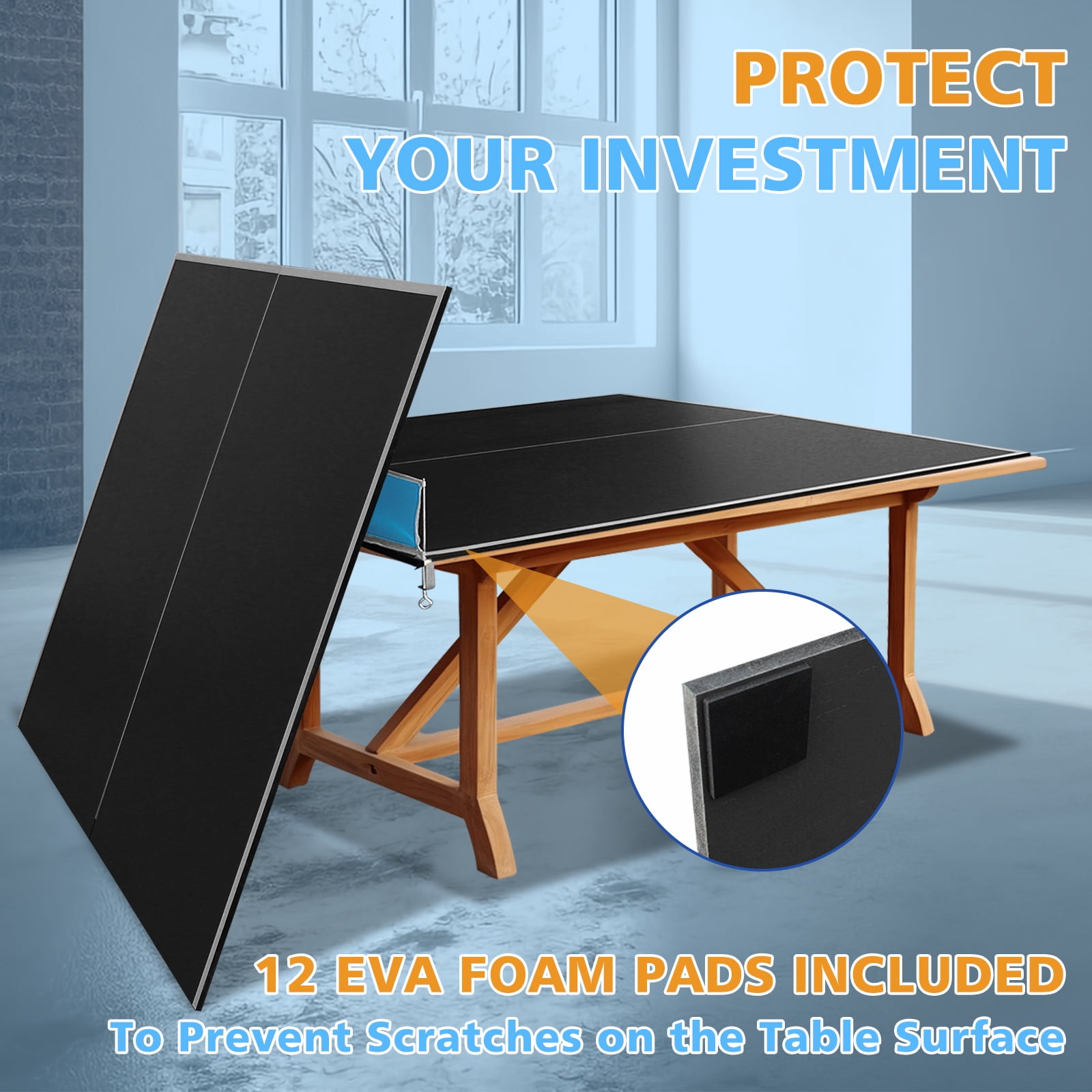 7*4ft Black Foldable Ping Pong Conversion Top, 12MM MDF Portable Table Tennis Top with Net & 12 EVA Pads, Single Side Upright for Indoor Games