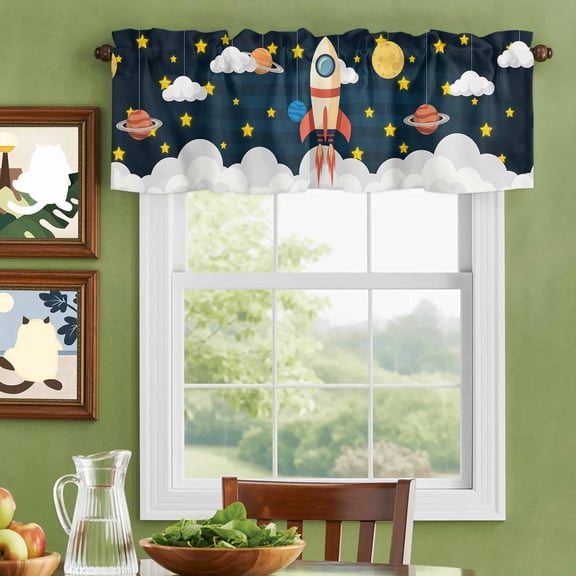 Valances for Windows,Cartoon Rocket Colorful Planet Kitchen Curtain Valance Short Rod Pocket Panels Cute Yellow Star Small Window Treatment for Living Room Bedroom Bathroom,42"Wx12"L