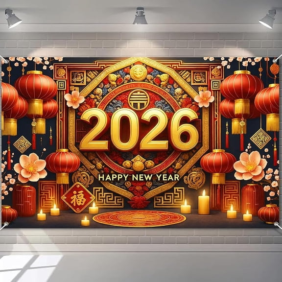 2026 Happy New Year Banner Red Lanterns Golden Spring Festival Decoration Coins Blossoms 71x43 Inches Lunar New Year Party Photography Background