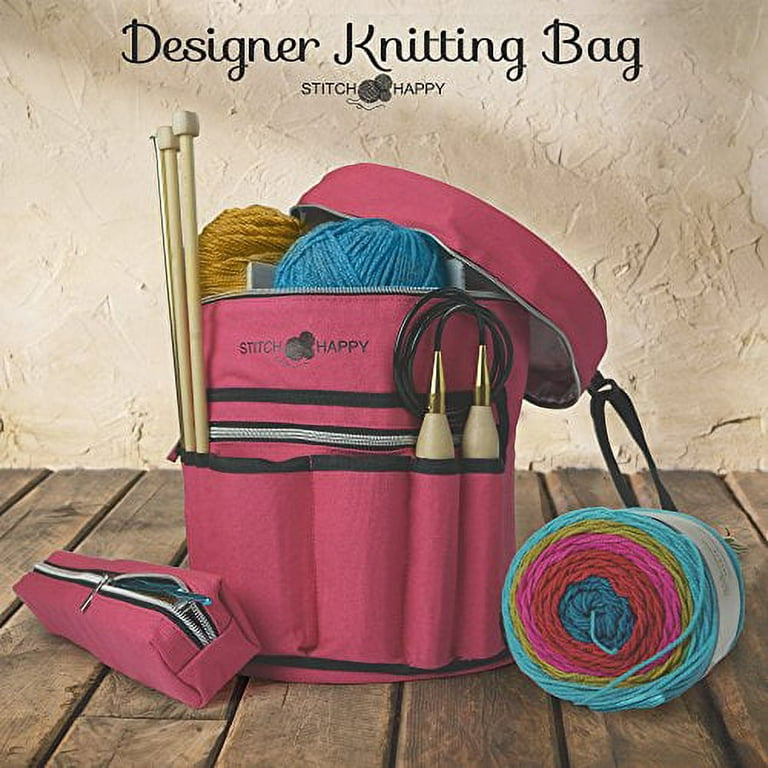 Knitting Bag - Yarn Tote Organizer w/Tool Case, 7 Pockets + Divider for  Extra Storage of Projects, Supplies & Crochet (Fuchsia) by Stitch Happy