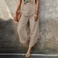 thumbnail image 2 of Lenpel Linen Pants Women Cotton Elastic High Waisted Drawstring Side Button Cropped Wide Leg Pants Baggy Casual Trousers, 2 of 6