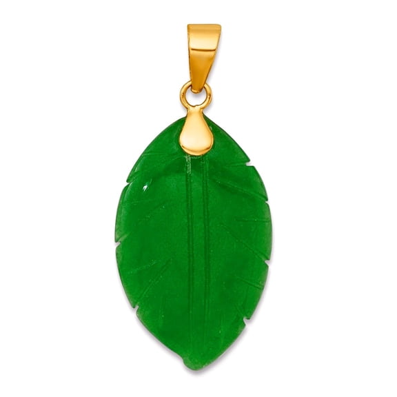 12.4mm 14k Solid Yellow Gold Polished Carved Dyed Jade Leaf Pendant Necklace Pendant for Women