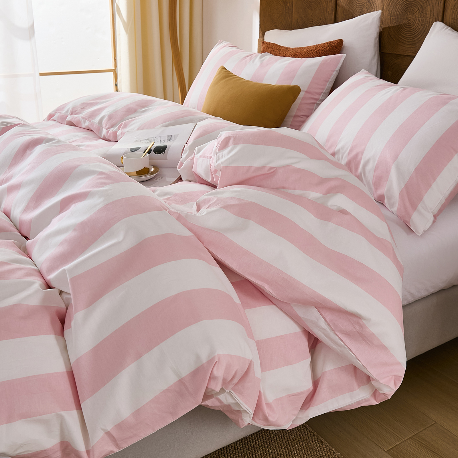 100% Cotton Stripe Duvet Cover Set Queen Size - Gray Striped Duvet Cover Set with Zipper Closure & 8 Corner Ties, Modern Minimalist Wide Stripe Bedding Set for Cozy Elegant Bedroom