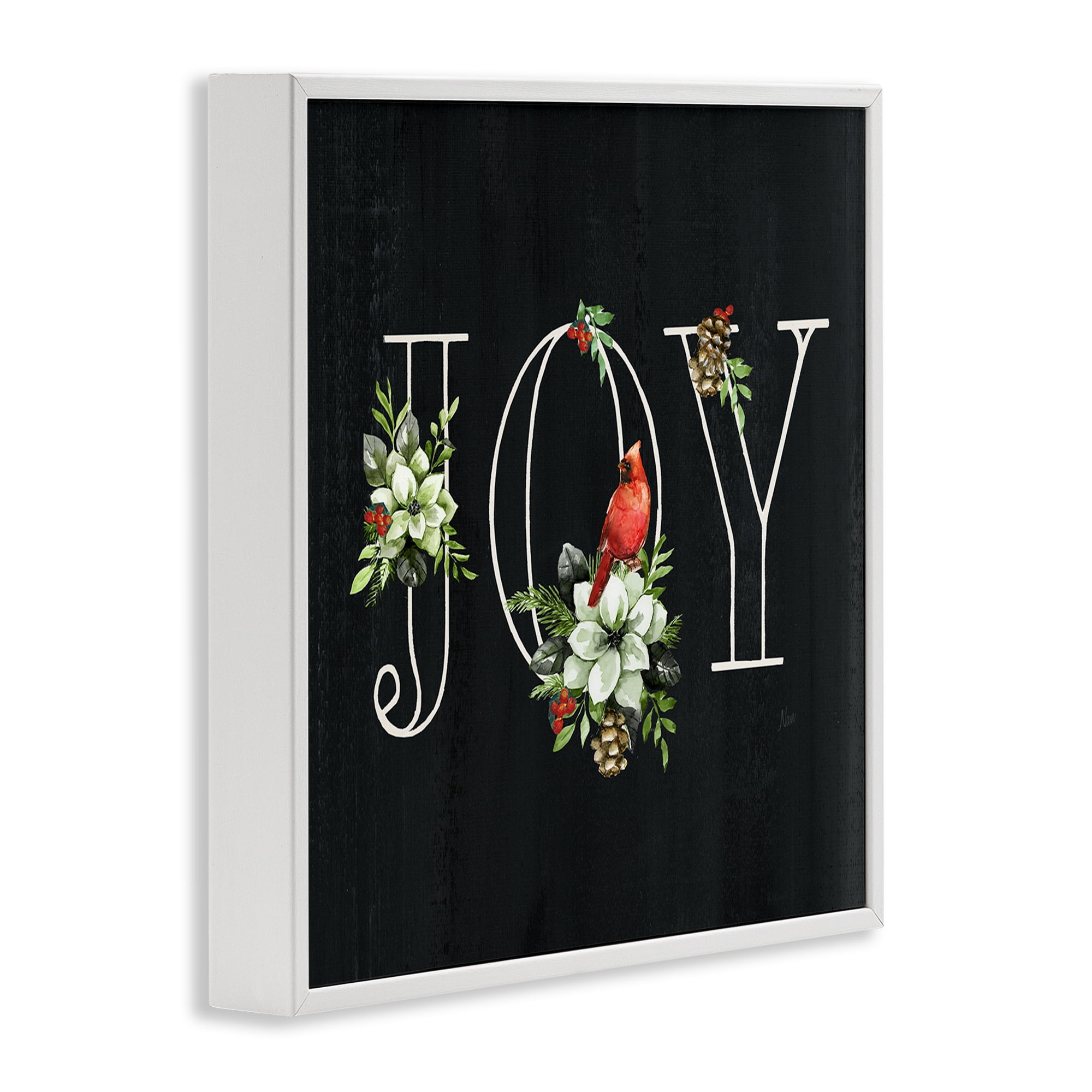 Stupell Industries Joy Letters with Florals Holiday Painting White Framed Art Prints Wall Art, 24 x 24