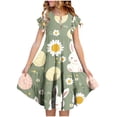 thumbnail image 2 of Odeerbi 6-15 Years Child Teen Girls Easter A-Line Dress Ruffle Sleeve Bunny Floral Print Tiered Dress Summer Holiday Party Dress, 2 of 5