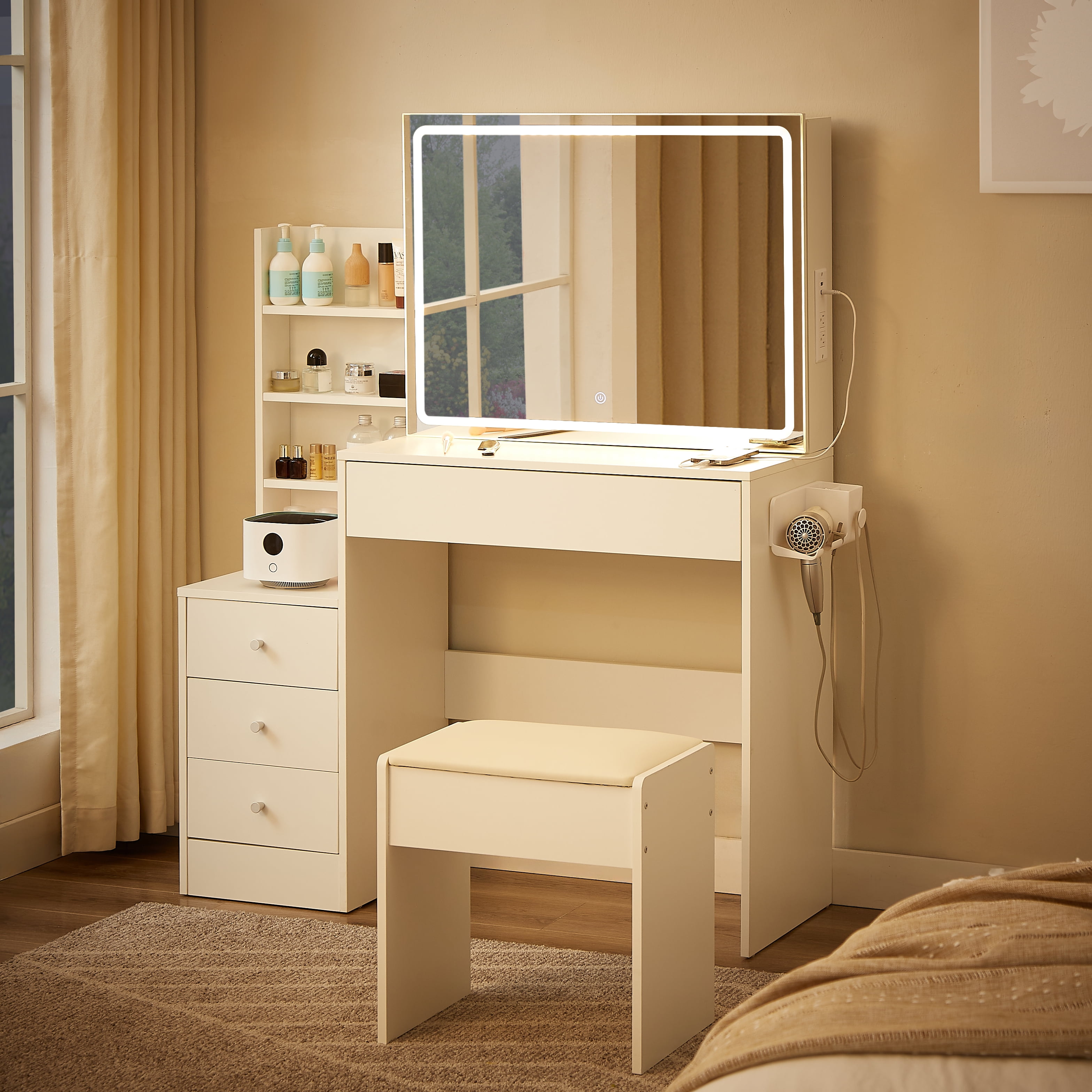 Euroco Modern Mini Dressing Table with LED-lit Mirror & Hidden Storage,Multi-tier Dust-proof Shelves，Includes Padded Stool,Adjustable Brightness Vanity Desk