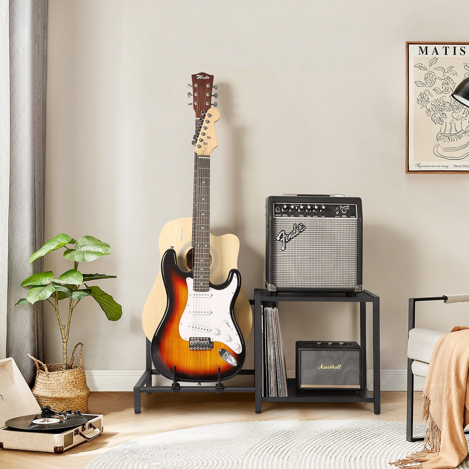 Olakee 3-Piece Floor Guitar Stand with Amp Support, Adjustable for Multiple Electric Guitars and Accessories, Wood & Metal, Black