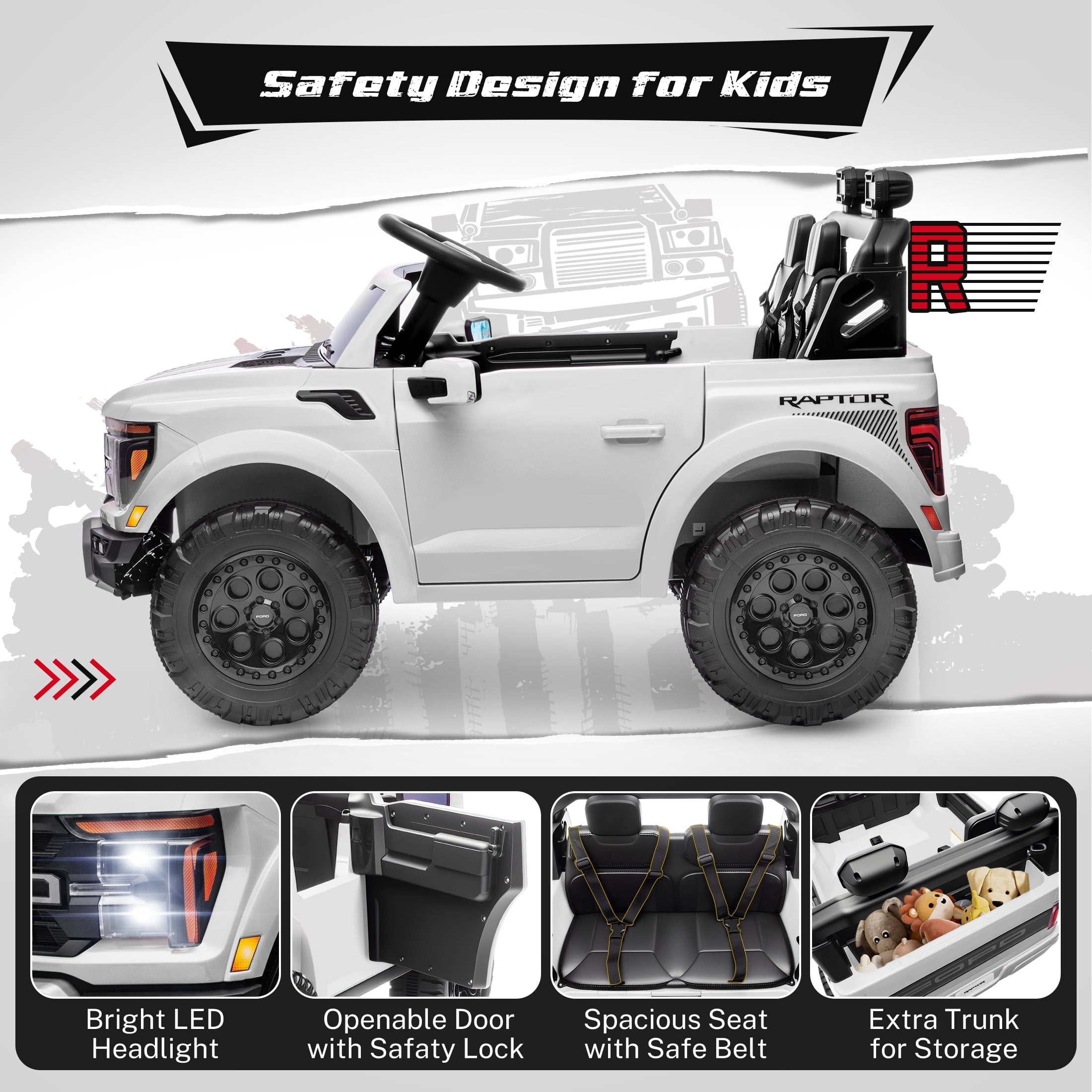 Ford F150 Raptor 2 Seater Ride on Toy Trucks for Kids, 24V Powered 2 Seat Ride on Cars with Remote Control/4 Wheelers/LED/Bluetooth/ Truck Bed Storage/Soft Start, Kids Electric Cars for Boys Girls