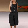 thumbnail image 2 of Summer Dress Saving! Jerdar Dress for Women Solid Leisure Pockets Button Cotton Linen Round-Neck Sleeveless Dress Black XL, 2 of 5