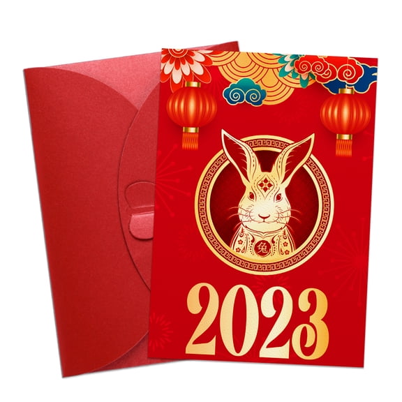 WaaHome Happy Chinese New Year Card 2023 Folding Year of The Rabbit Greeting Cards with Envelope Chinese Lunar Spring Festival Card