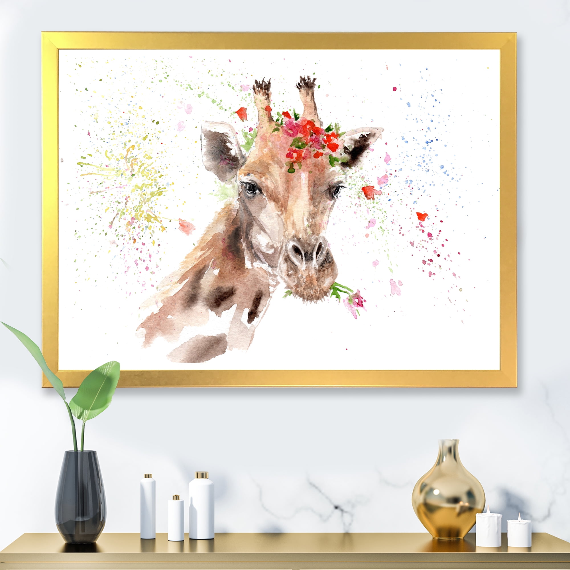 Designart 'Portrait of A Giraffe With Red Flowers II' Farmhouse Framed Art Print