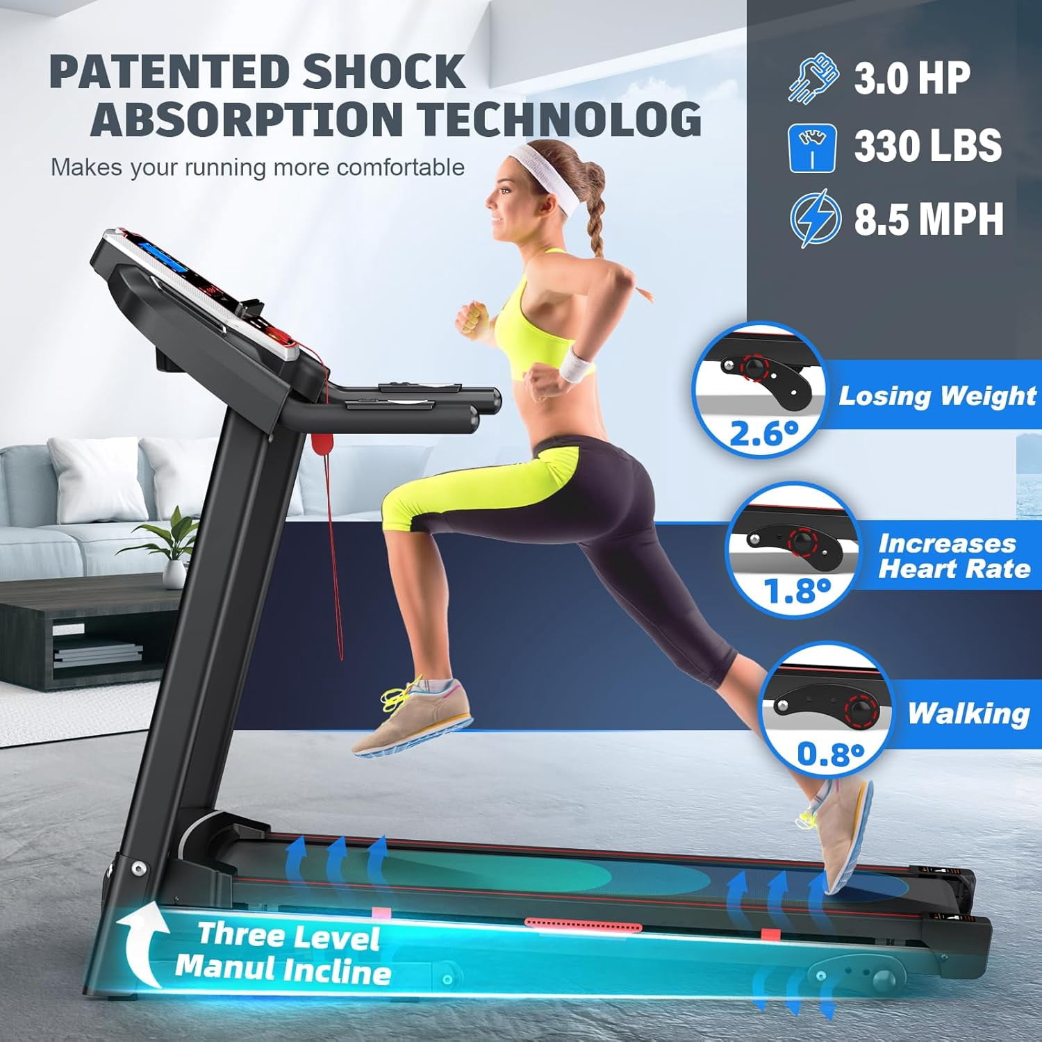 SWERTOY 3.5HP Folding Treadmill with Incline 330lb Capacity Treadmill, Shock Absorption System, Bluetooth Audio Speakers, Pulse Monitor, 12 Preset Programs Running Jogging Walking Machine