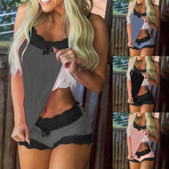 YHAJDS Pajama Set for Women 2 Piece Solid Color Lace Sleeveless Tank and Shorts Lounge Sleepwear Set
