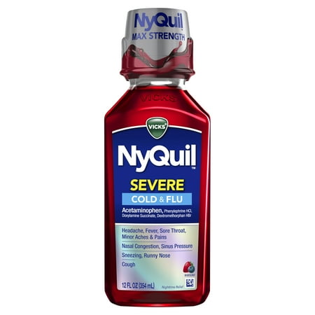 Vicks NyQuil SEVERE Cough Cold and Flu Nighttime Relief Berry Flavor Liquid, 12 Fl Oz - Relieves Nighttime Sore Throat, Fever, and