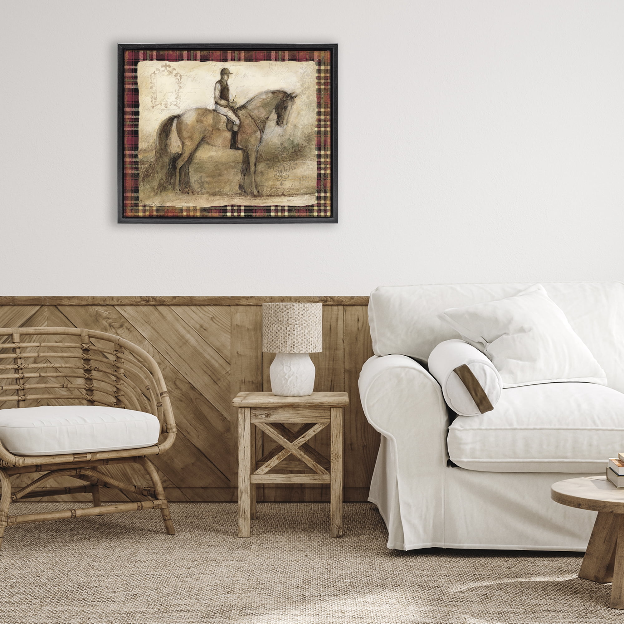 Stupell Industries Horse With Jockey & Plaid Black Framed Floater Canvas Wall Art, design by Susan Winget