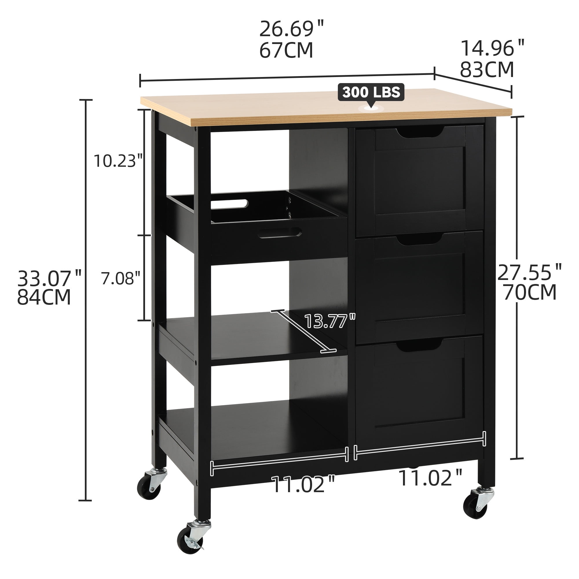 Dextrus Rolling Kitchen Island with Drawers, 3-Tier Kitchen Storage Cart with Shelves, Black