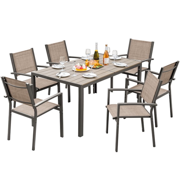 Homall 7 Piece Outdoor Dining Set for 6, Patio Table and Chairs Set with Textilene, Stackable Breathable Mesh Chairs, All-Weather Patio Furniture for Backyard Deck Poolside, Brown