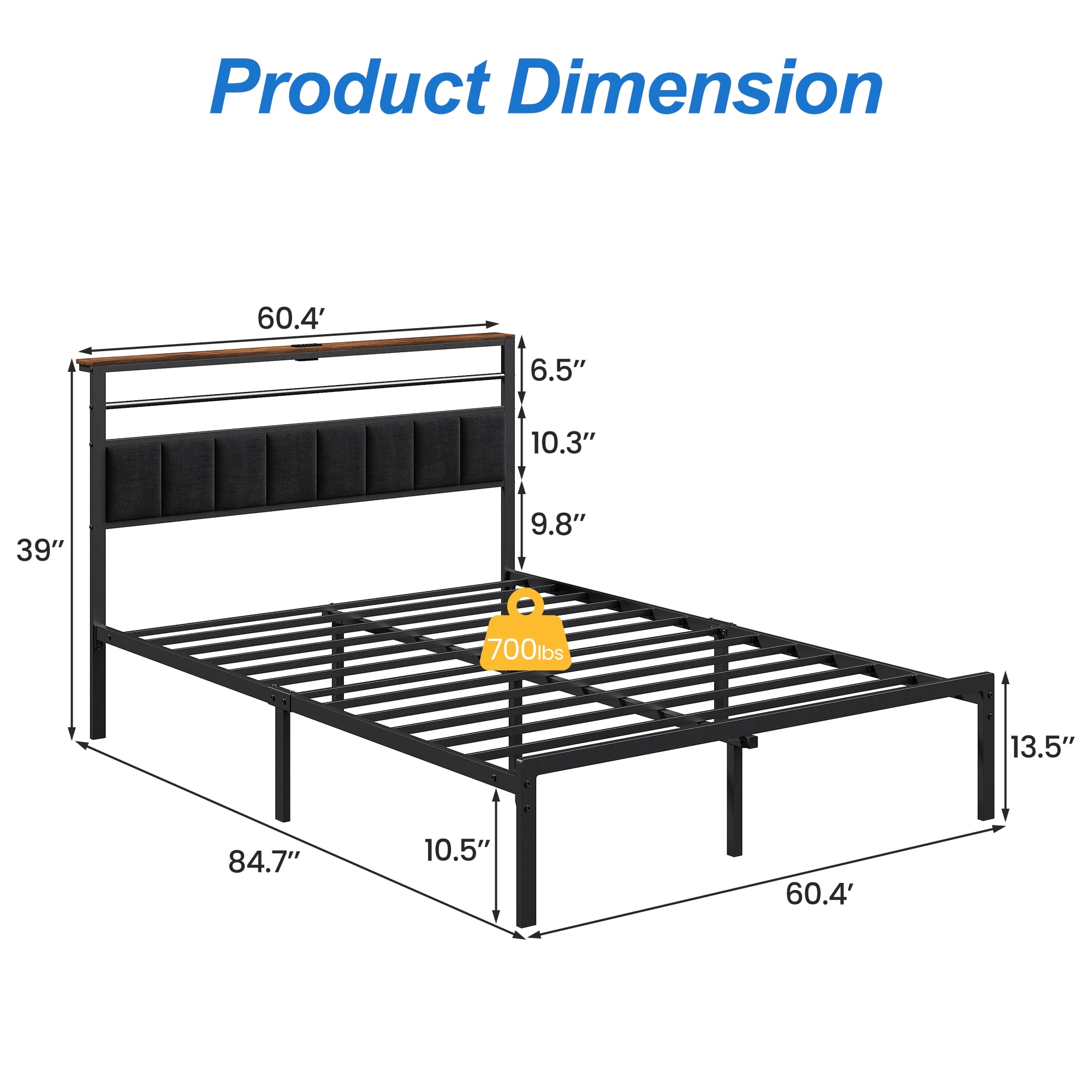 May in Color Queen Bed Frame with Upholstered Headboard, Metal Platform Bed with USB Charging Station, Easy Assembly, No Box Spring Needed