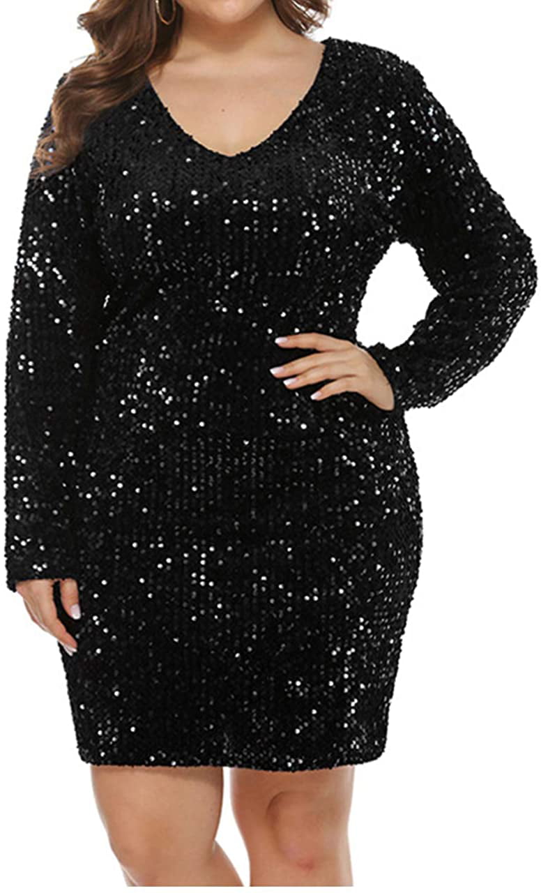 Women's Sequin Glitter Long Sleeve Sparkly Bodycon Evening Cocktail Party Dress 
