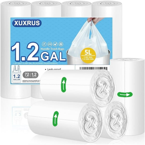 Trash Bag with Carrying Handle, 1.2 Gallon 72 Pack White Trash Bags for Bathroom, Office, Bedroom, Kitchen and more.