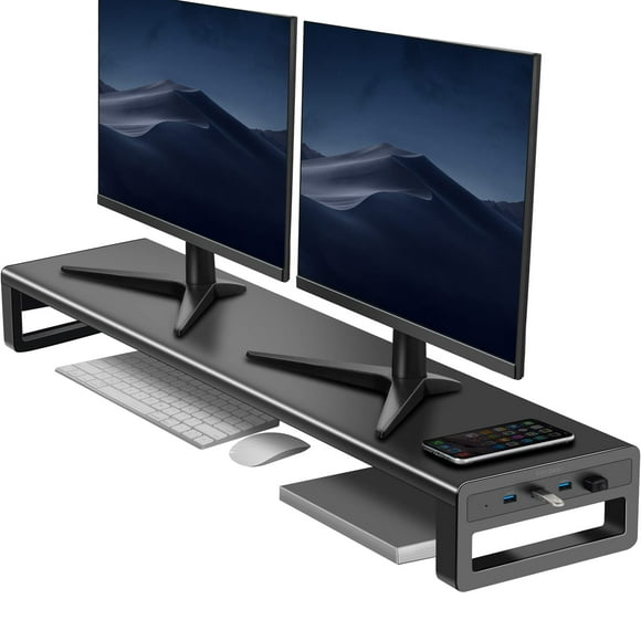 Vaydeer Support Double Moniteur avec Ports Hub USB 3.0, Support Double en Métal pour 2 Ordinateurs, TV, PC, Imprimante, Haut-Parleur Multi-Média, Organisateur de Bureau Multifonctionnel