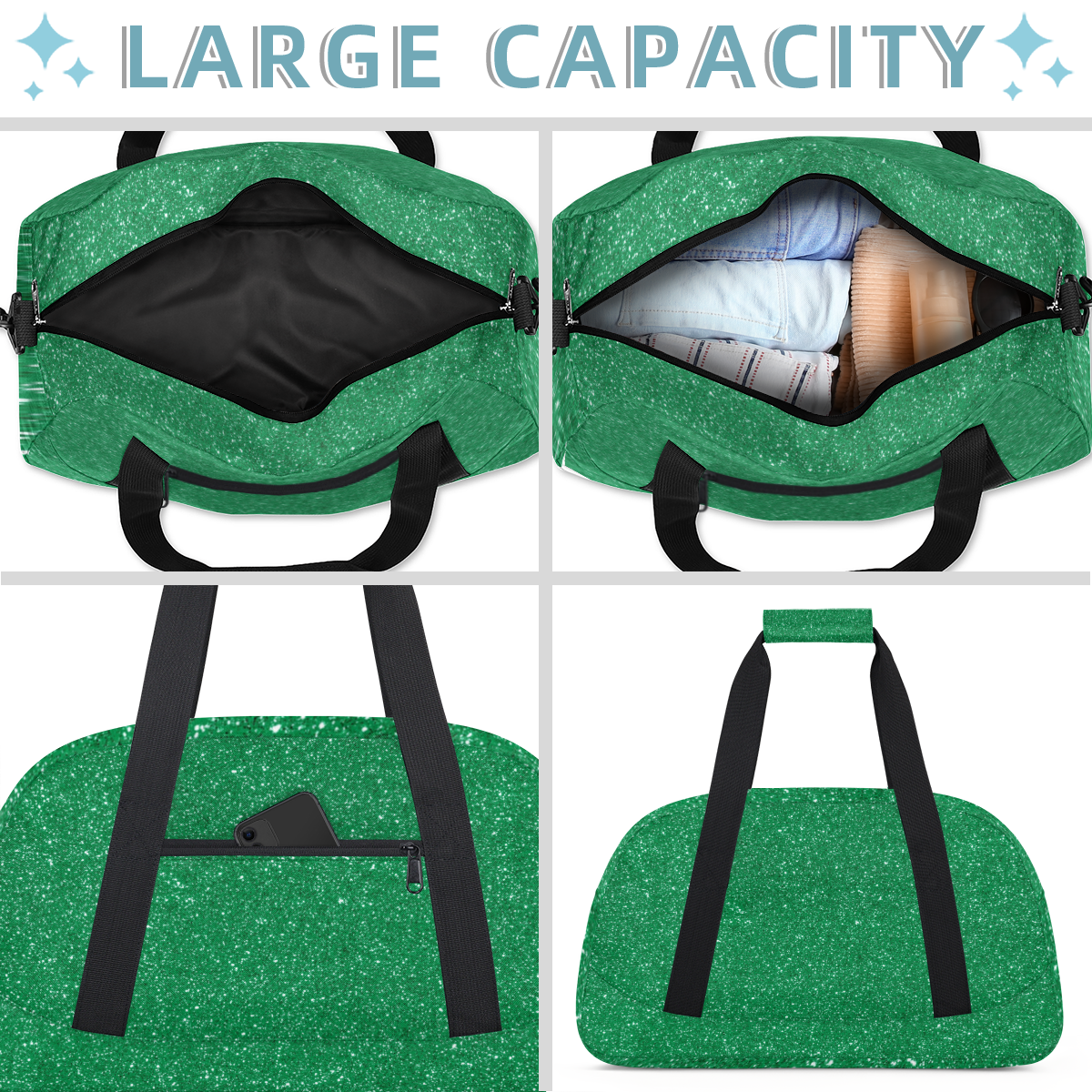 Herdesigns Sports Duffle Bags Travel Duffle Bag Gym Bag Green Glitter Star Weekender Travel Bag Waterproof Overnight Bag Carry On Travel Tote Bag Dance Bags