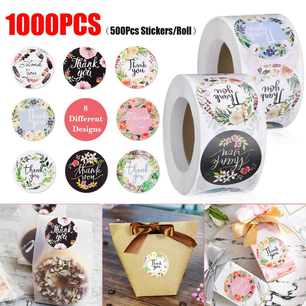 2 Roll of 1000 Pcs Assorted Floral Thank You Stickers Round Sealing Labels Decor 2 Roll of 1000 Pcs Assorted Floral Thank You Stickers Round Sealing Labels Decor