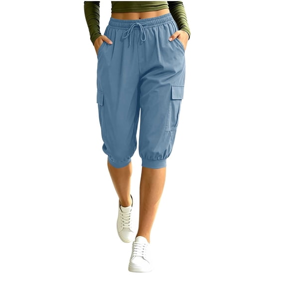 QQZ Cargo Capri Joggers Pants for Women, Drawstring Elastic Waist Cuffed Cropped Trousers with Cargo Pockets, Casual Bottoms for Hiking Yoga Travel Errands Daily Lounging