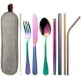 thumbnail image 3 of Combinación de vajilla portátil de acero inoxidable 1010 con revestimiento de titanio, cuchillo, tenedor, cuchara, palillos y pajita, 3 of 6