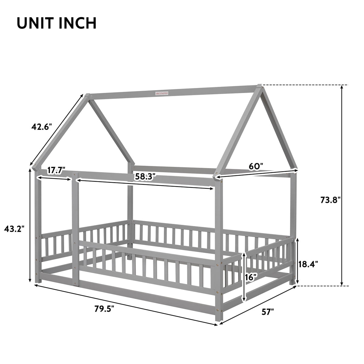 Full Size Floor Bed Frame, Wood House Bed with Fence Gaild Rails and Roof Design, Gray