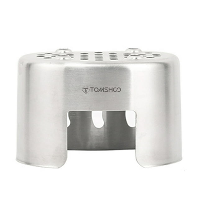 TOMSHOO Canteen Cup Stand Stainless Steel Wood Burning Stove for outdoor camping, hiking, and picnics. Made of durable stainless steel with air vents and a wide opening for efficient fuel burning. Compact and lightweight at 123g, suitable for camp kitchen setups and holding canteen cups. Perfect for survival and outdoor adventures.