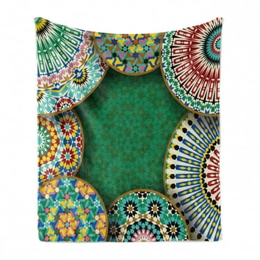 Moroccan Soft Flannel Fleece Throw Blanket, Oriental Motif with Mix of Hippie Retro Circle Morocco Mosaic Lines Design, Cozy Plush for Indoor and Outdoor Use, 50" x 70", Multicolor, by Ambesonne