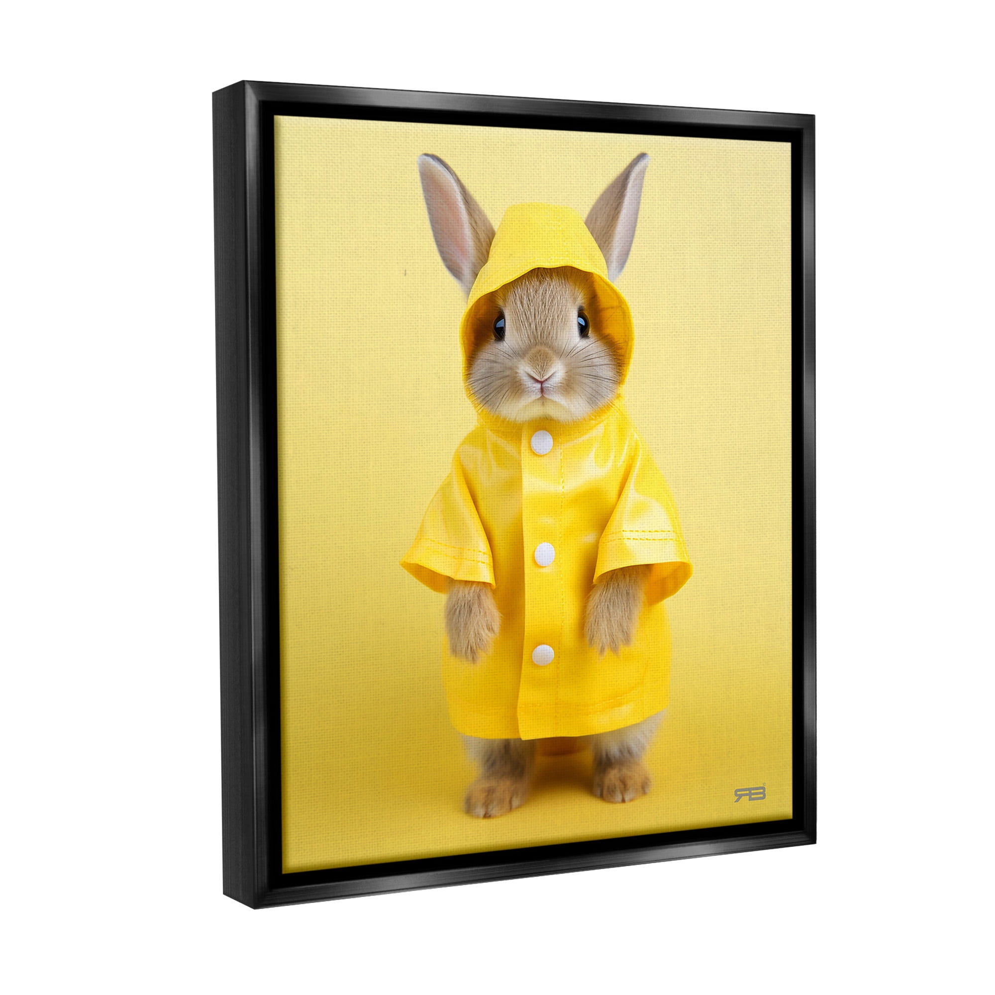 Stupell Industries Rabbit in Rain Coat Animals & Insects Painting Black Floater Framed Canvas Art Print Wall Art, 17 x 21