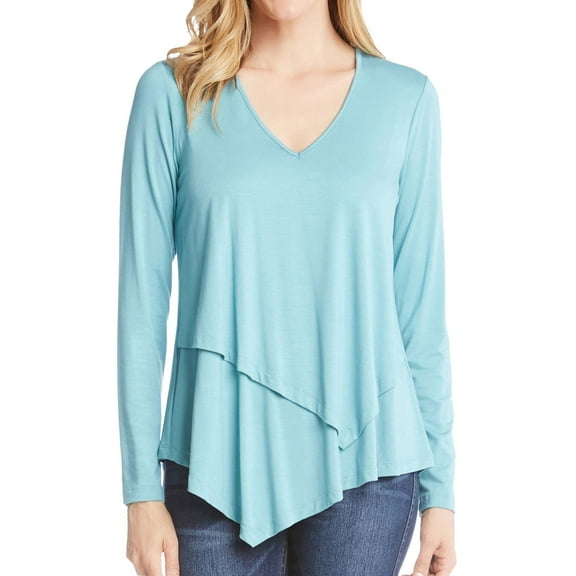 Karen Kane Womens Asymmetrical Pullover Blouse, Blue, X-Small